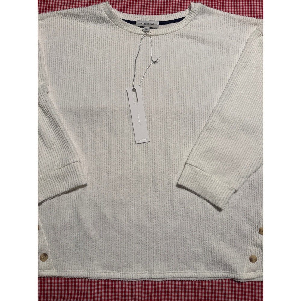 SET THE STAGE White Waffle Knit Button Side Crew Neck Top XL